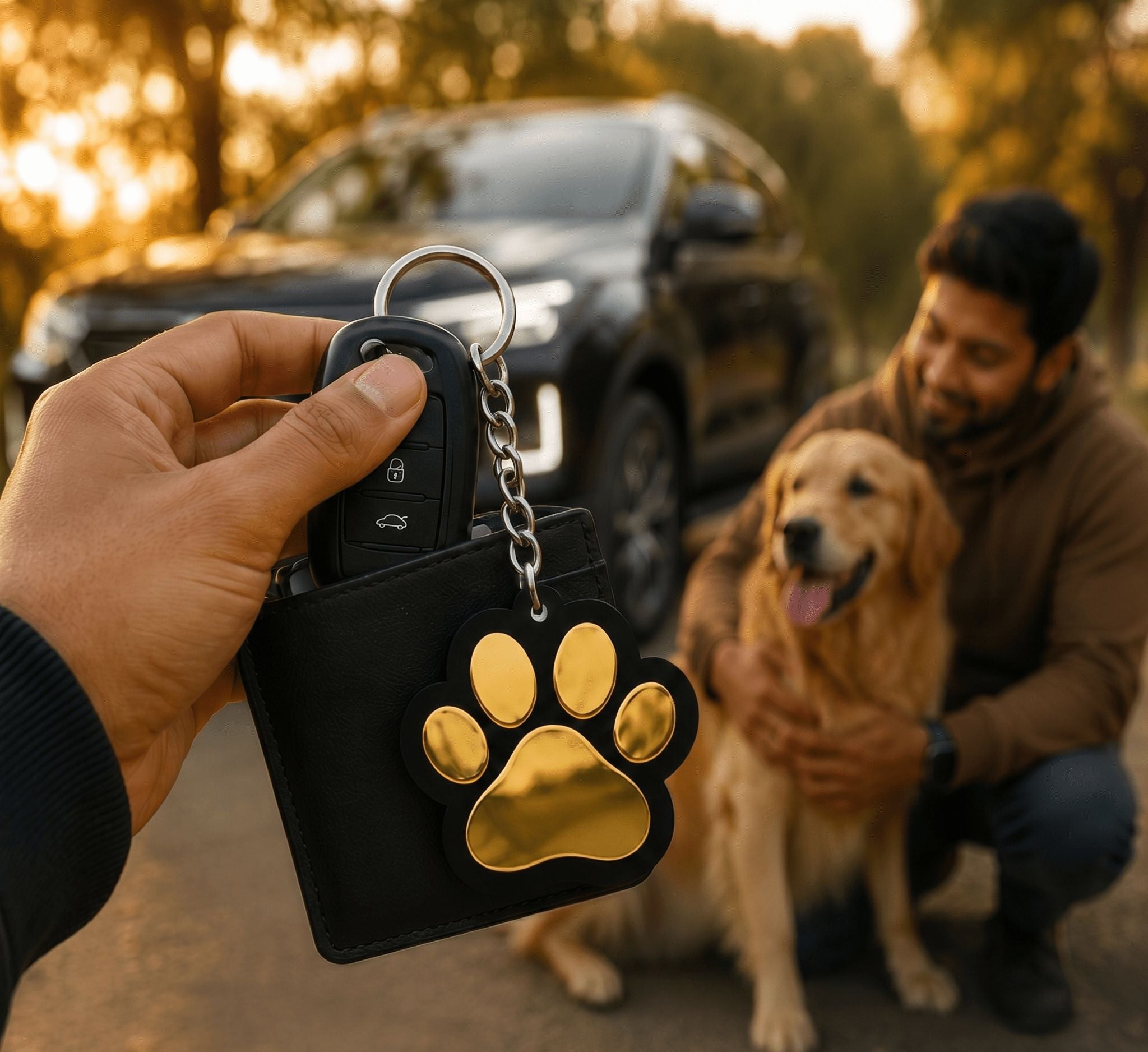 Hand holding car key with black gold paw print acrylic keychain, dog parent with golden retriever in background