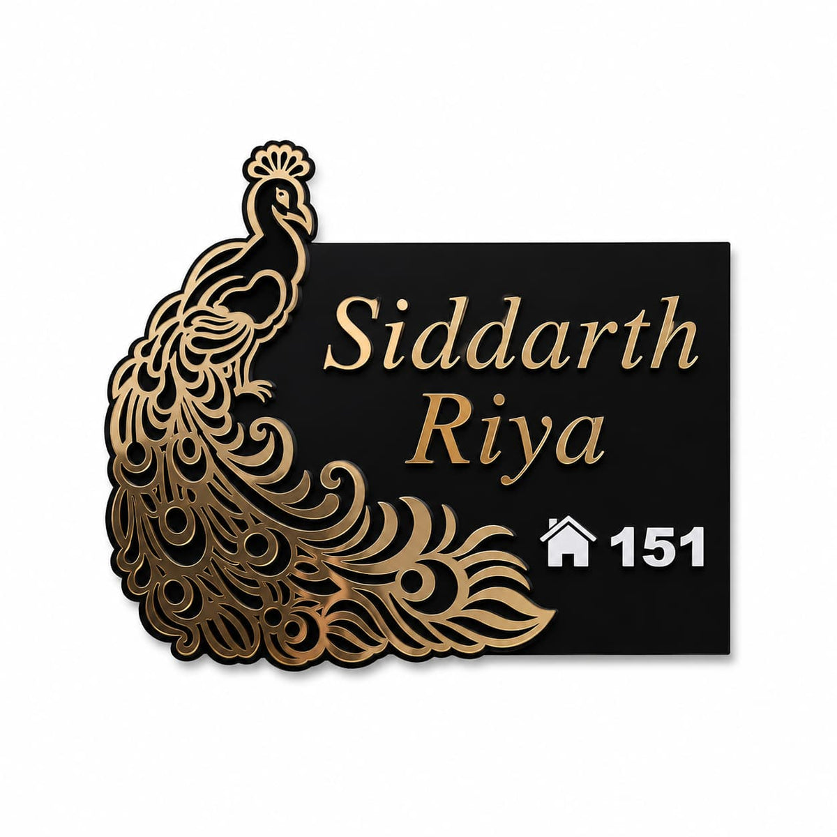 Premium black acrylic peacock name plate with golden mirror design, custom family name and house number for home entrance.
