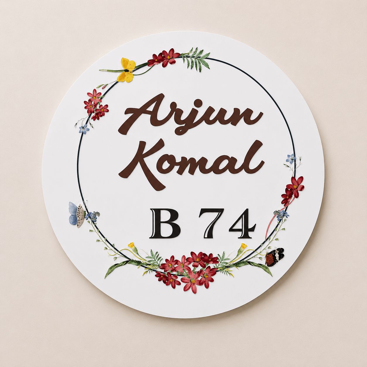 Round white acrylic name plate with wildflower and butterfly UV print design for couples, India