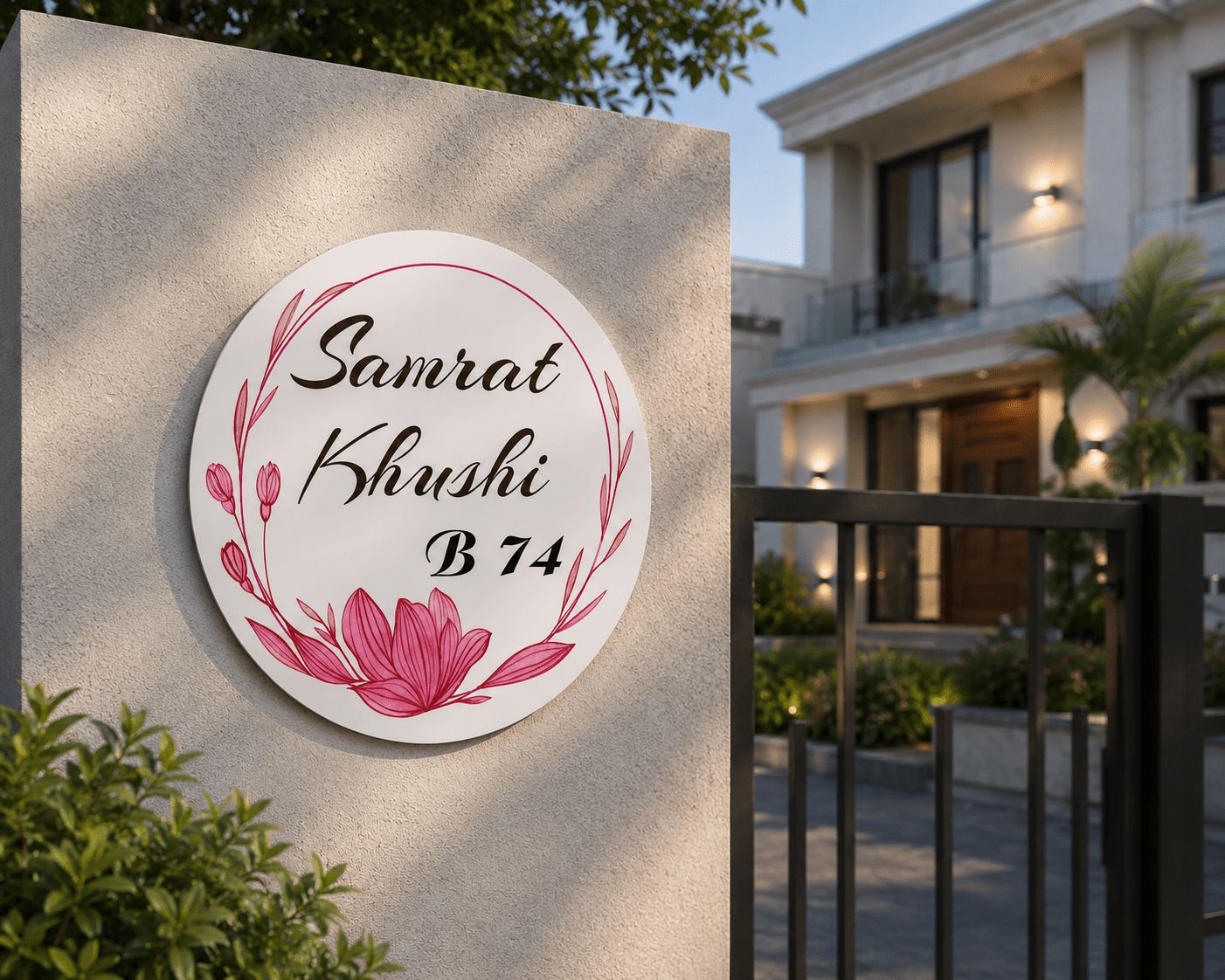 Round white acrylic name plate with pink lotus UV print installed on house boundary wall, India