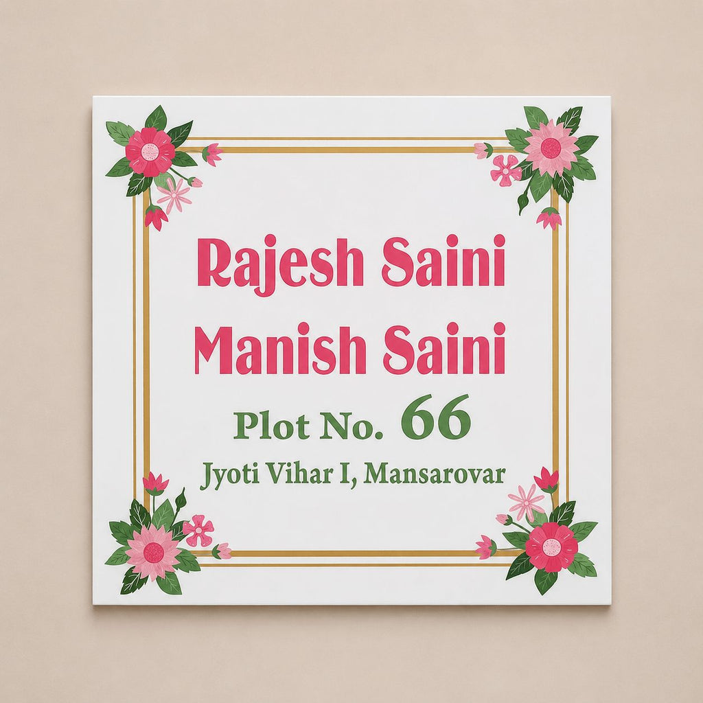 Square acrylic name plate with pink floral design, personalised for home door, made in India