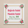 Square acrylic name plate with pink floral design, personalised for home door, made in India