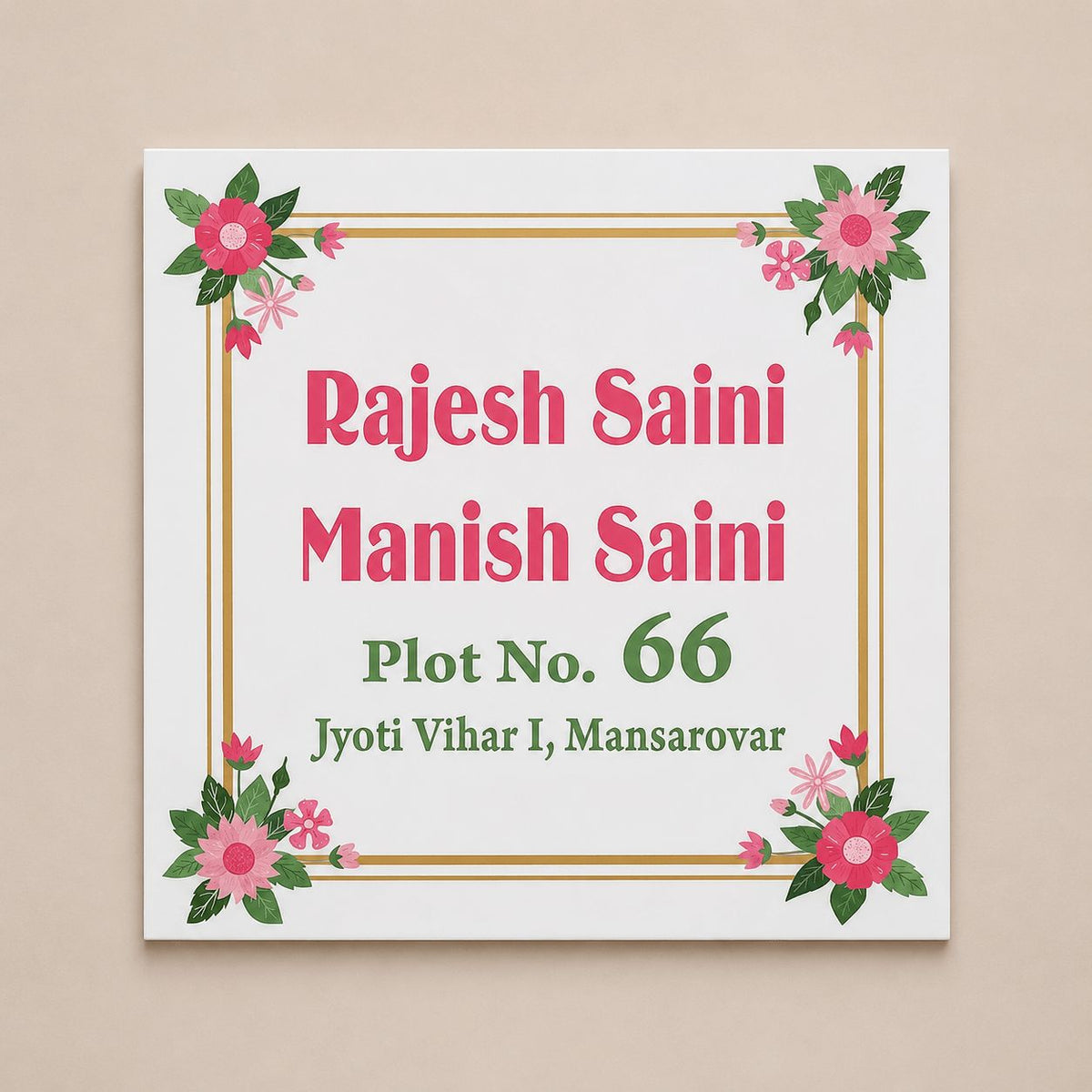 Square acrylic name plate with pink floral design, personalised for home door, made in India