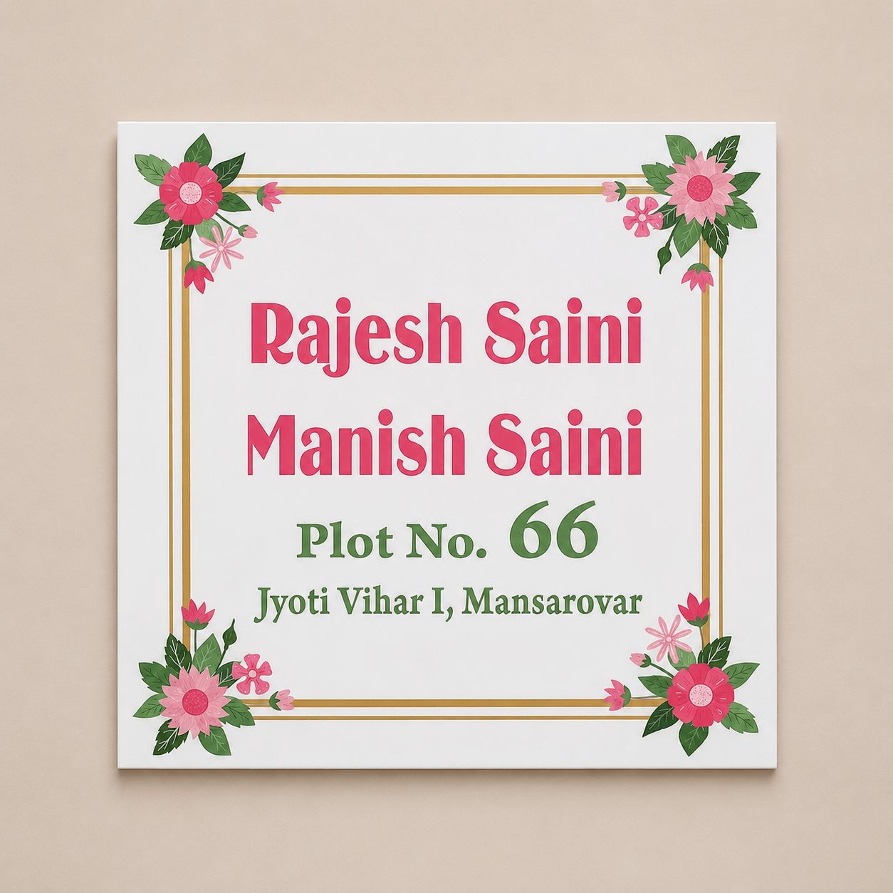 Square acrylic name plate with pink floral design, personalised for home door, made in India