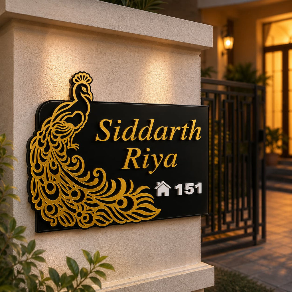Peacock acrylic name plate mounted on modern home entrance wall