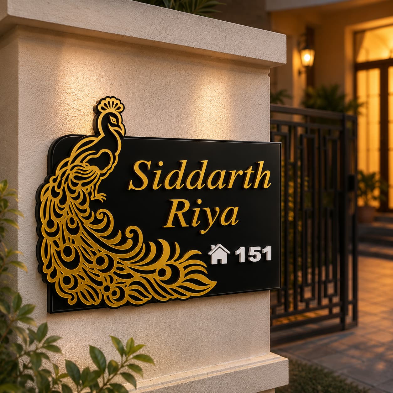 Peacock acrylic name plate mounted on modern home entrance wall