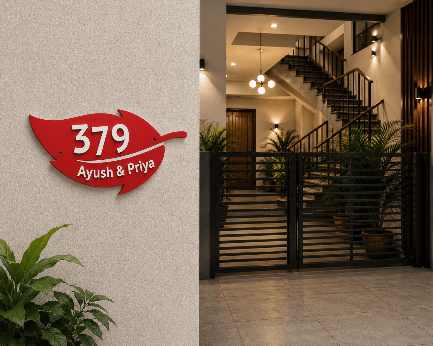 Red leaf shaped acrylic couple name plate with white embossed letters installed on house wall, India
