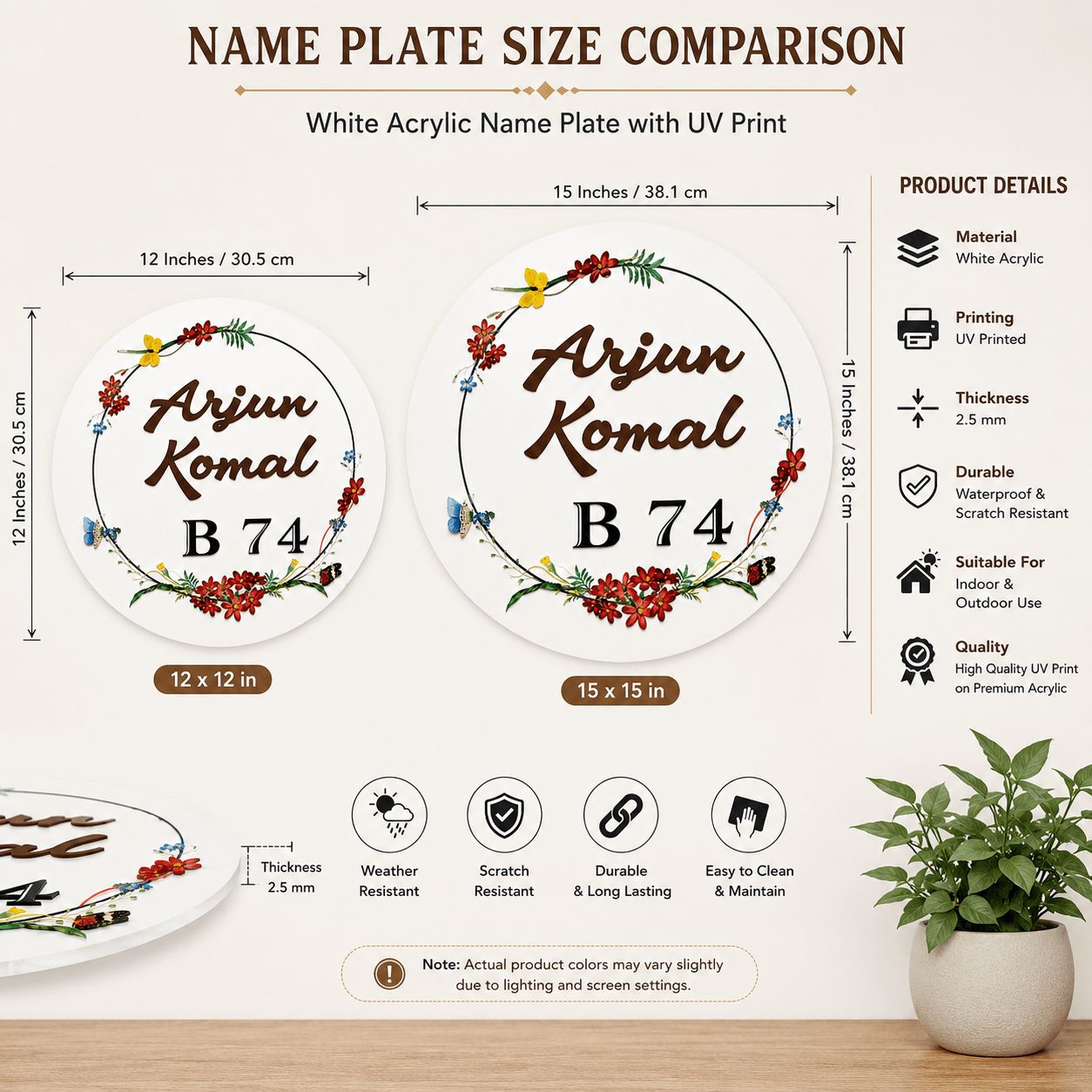 Size chart for round acrylic name plate in 12x12 and 15x15 inch, UV print, 2.5mm thick, waterproof and scratch resistant