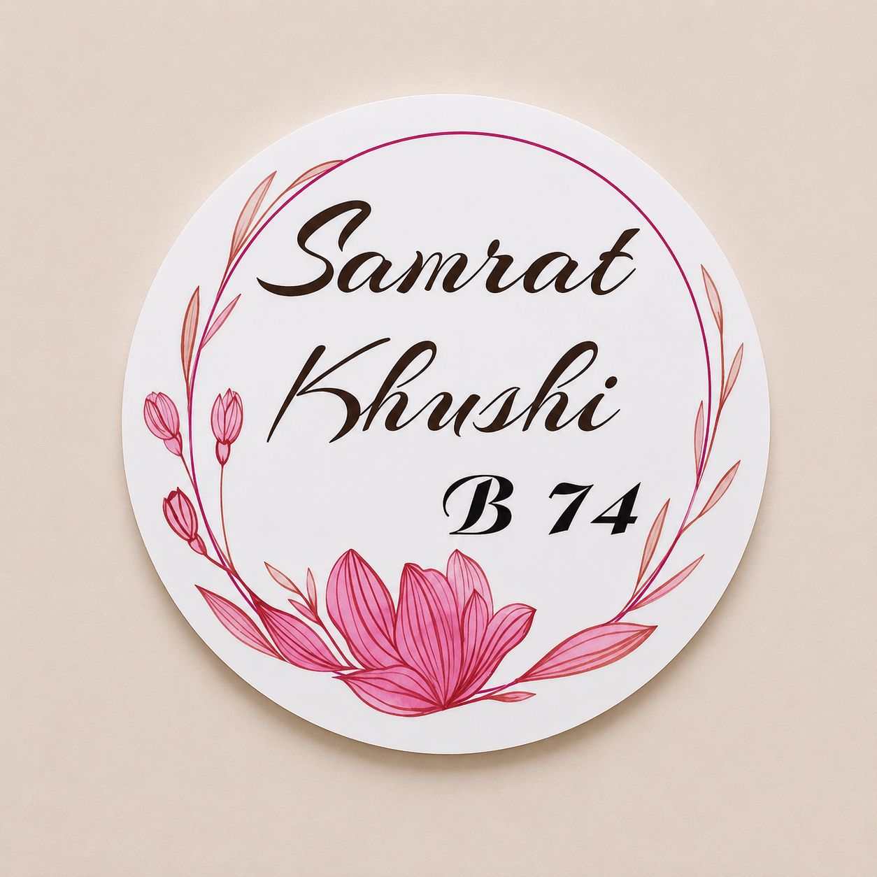 Round white acrylic name plate with pink lotus and leaf floral UV print design for couples, India