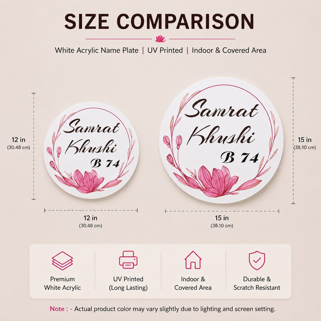 Round pink lotus white acrylic UV printed name plate size comparison 12x12 and 15x15 inch – 11gifts