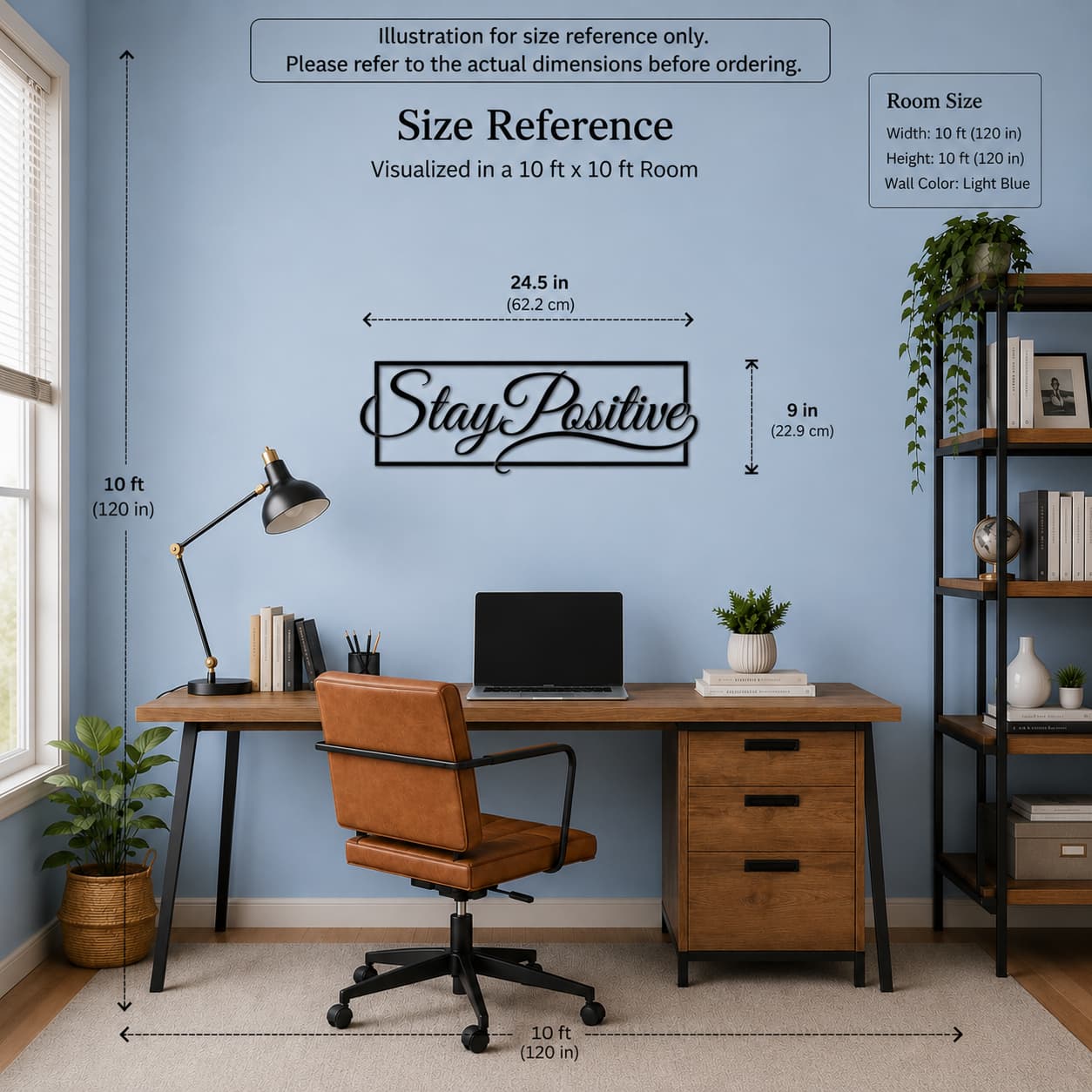 Stay Positive MDF wall art shown in a 10x10 foot study room for size reference with dimensions displayed