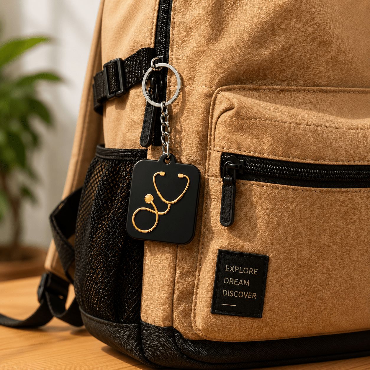 Black acrylic stethoscope keychain with gold mirror design hanging on a backpack zip, India