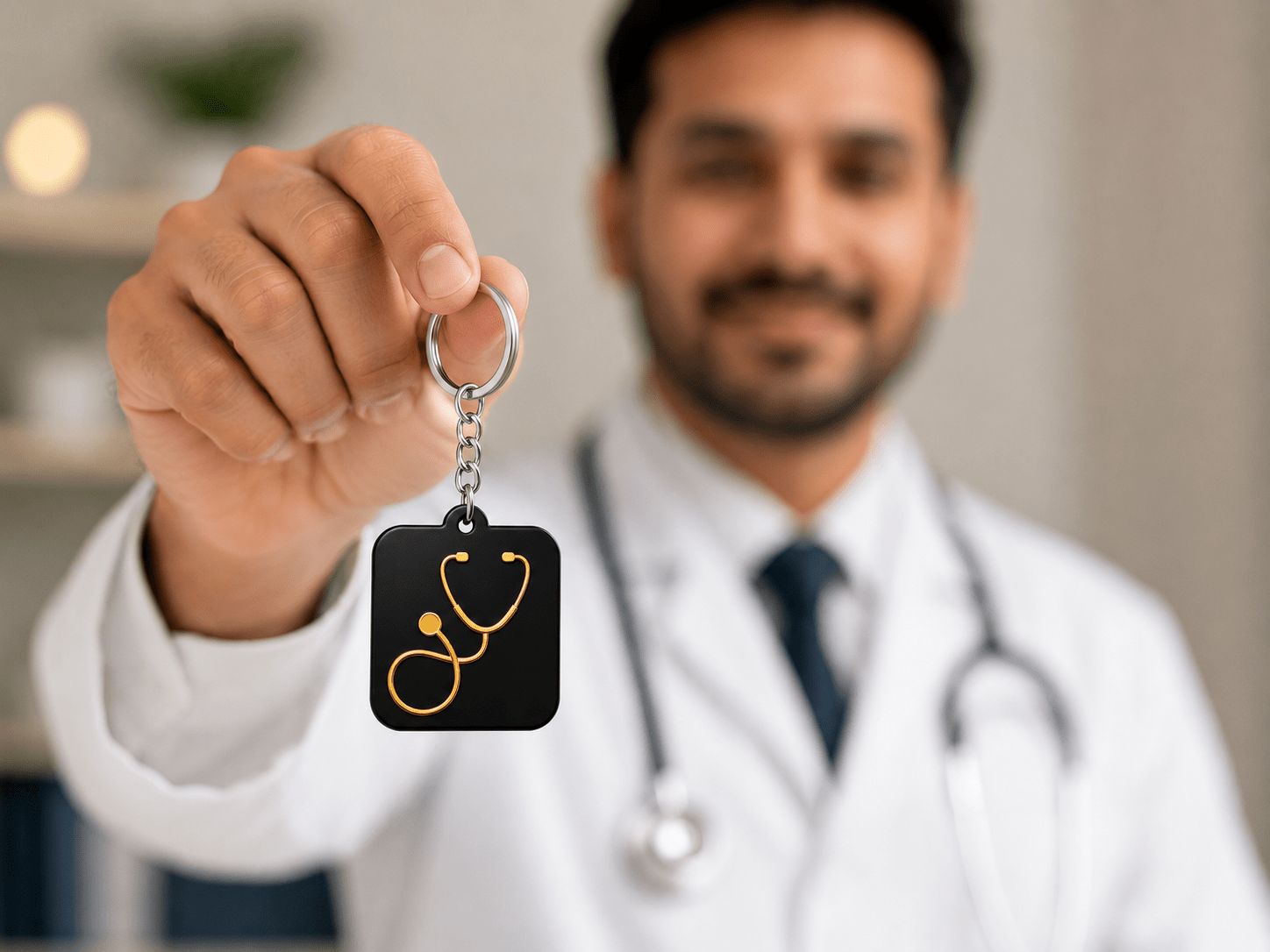 Doctor in white coat holding a black acrylic stethoscope keychain with gold mirror design, India