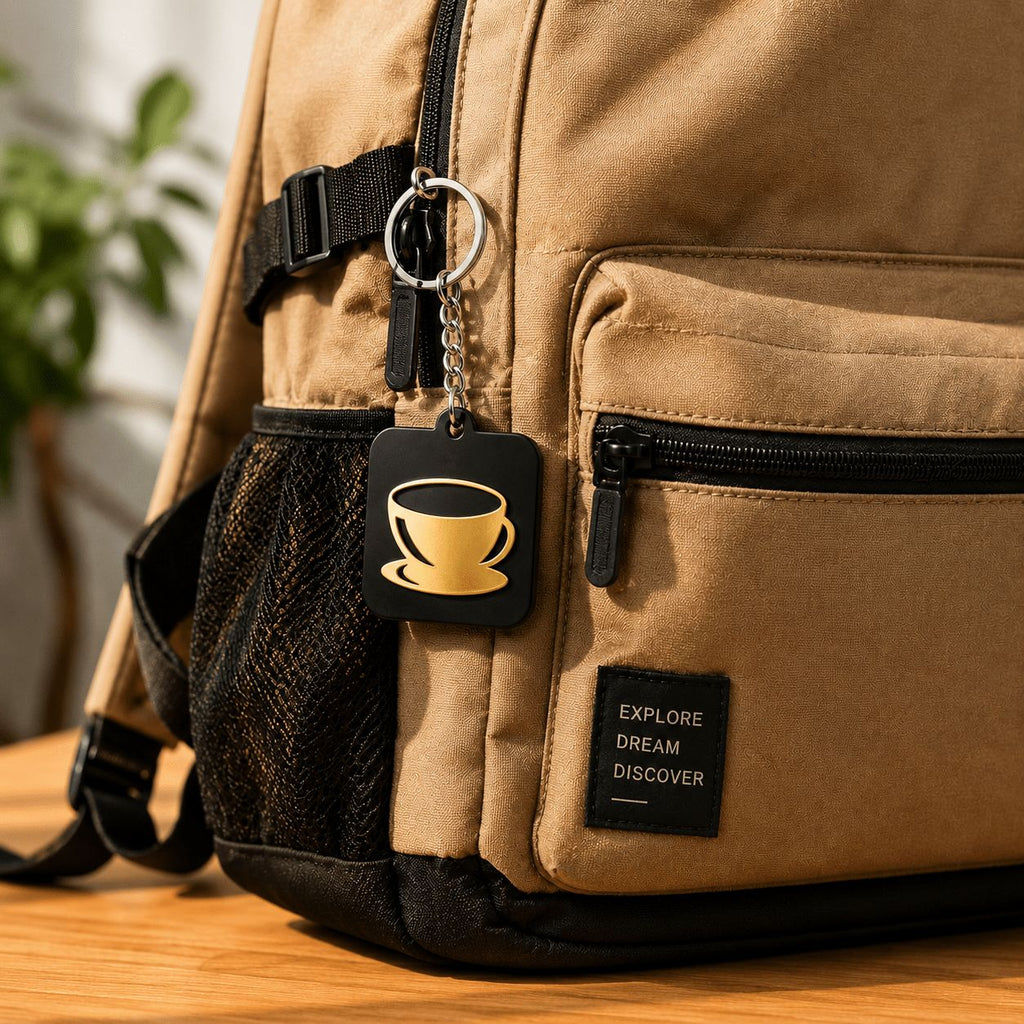 Black acrylic tea cup keychain with gold mirror design hanging on a backpack zip, India