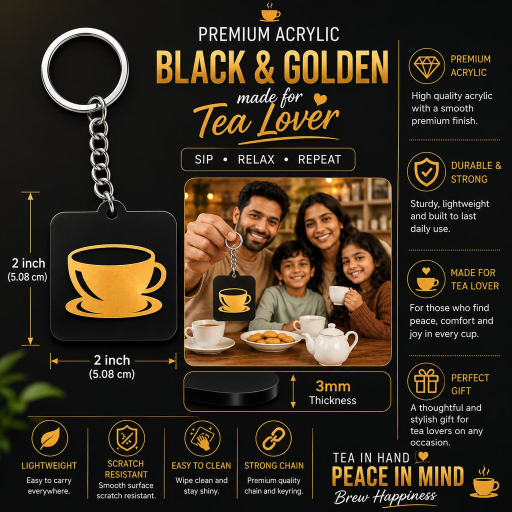 Black acrylic tea cup keychain with gold tea cup design measuring 2 inch by 2 inch