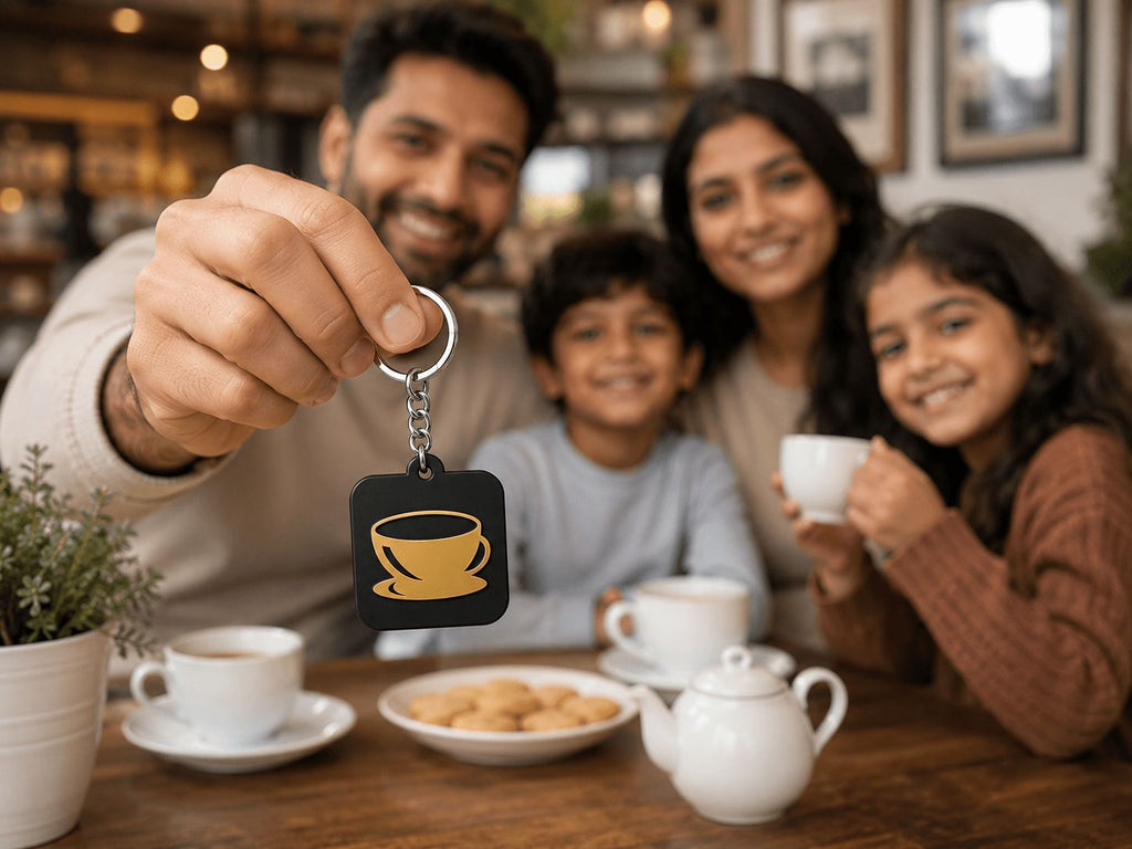 Man holding a black gold tea cup acrylic keychain while sitting with family at a cafe, India