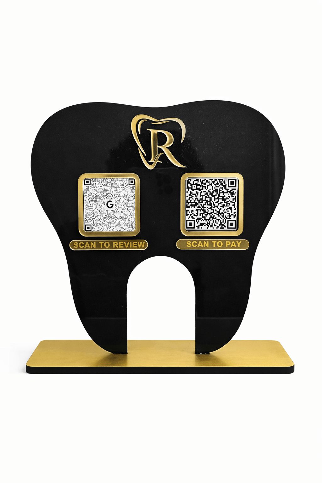 Tooth shape dual QR code standee black acrylic gold finish — custom logo counter display 