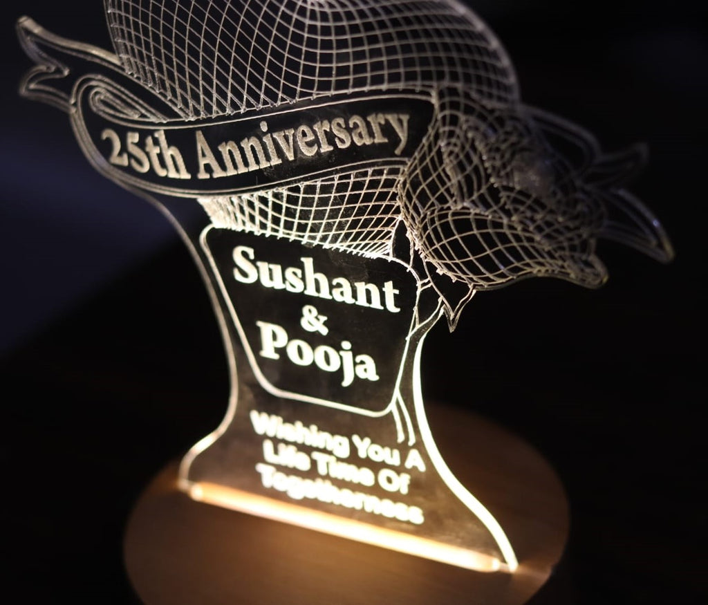 Heart Rose Couple Name Lamp | Personalised Acrylic LED | Wooden Base