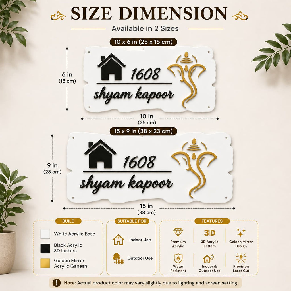 White acrylic name plate size guide with black 3D letters and golden mirror Ganesh in 10x6 and 15x9 inch