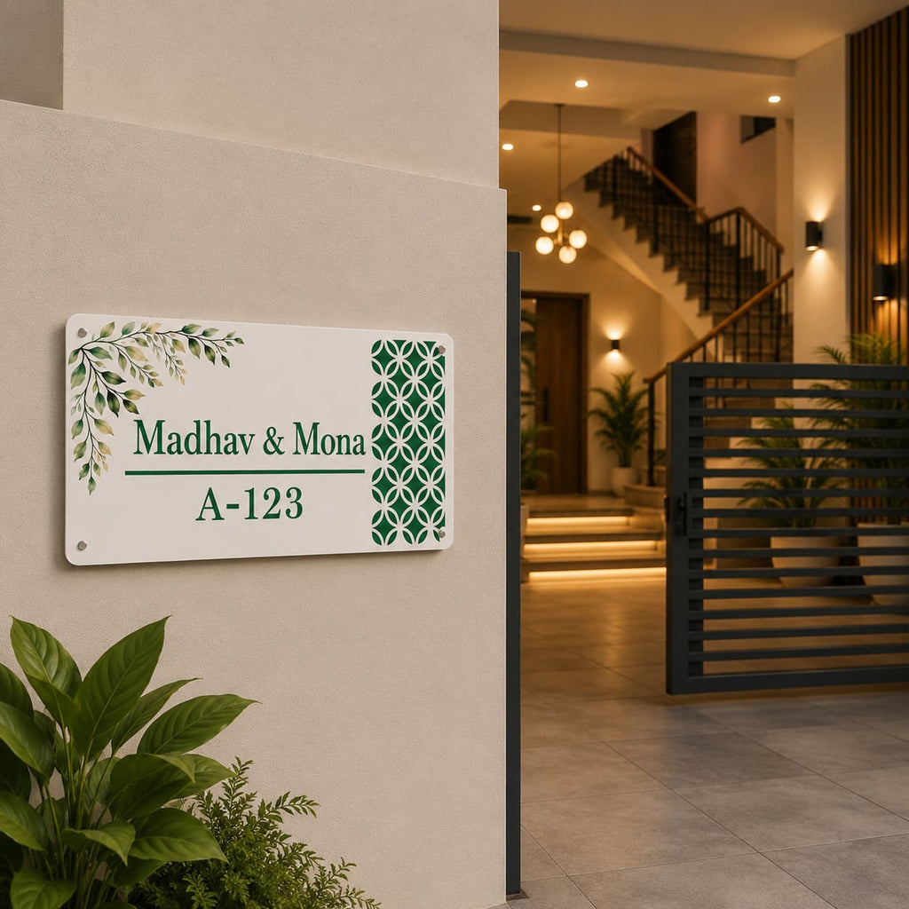 White acrylic UV printed name plate installed at modern home entrance – 11gifts