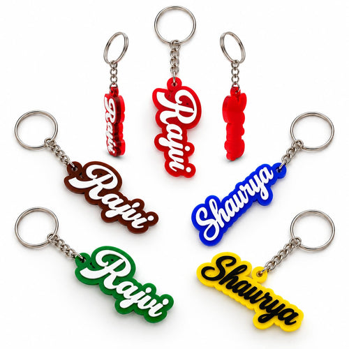 Acrylic name keychain in red, brown, blue, green and yellow with white or black 3D layered script names – 11Gifts