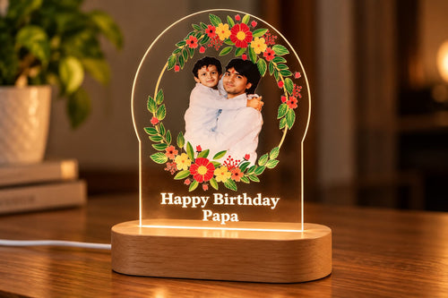 Birthday lamp gift with father and son photo in a floral wreath and Happy Birthday Papa glowing on acrylic, wooden base