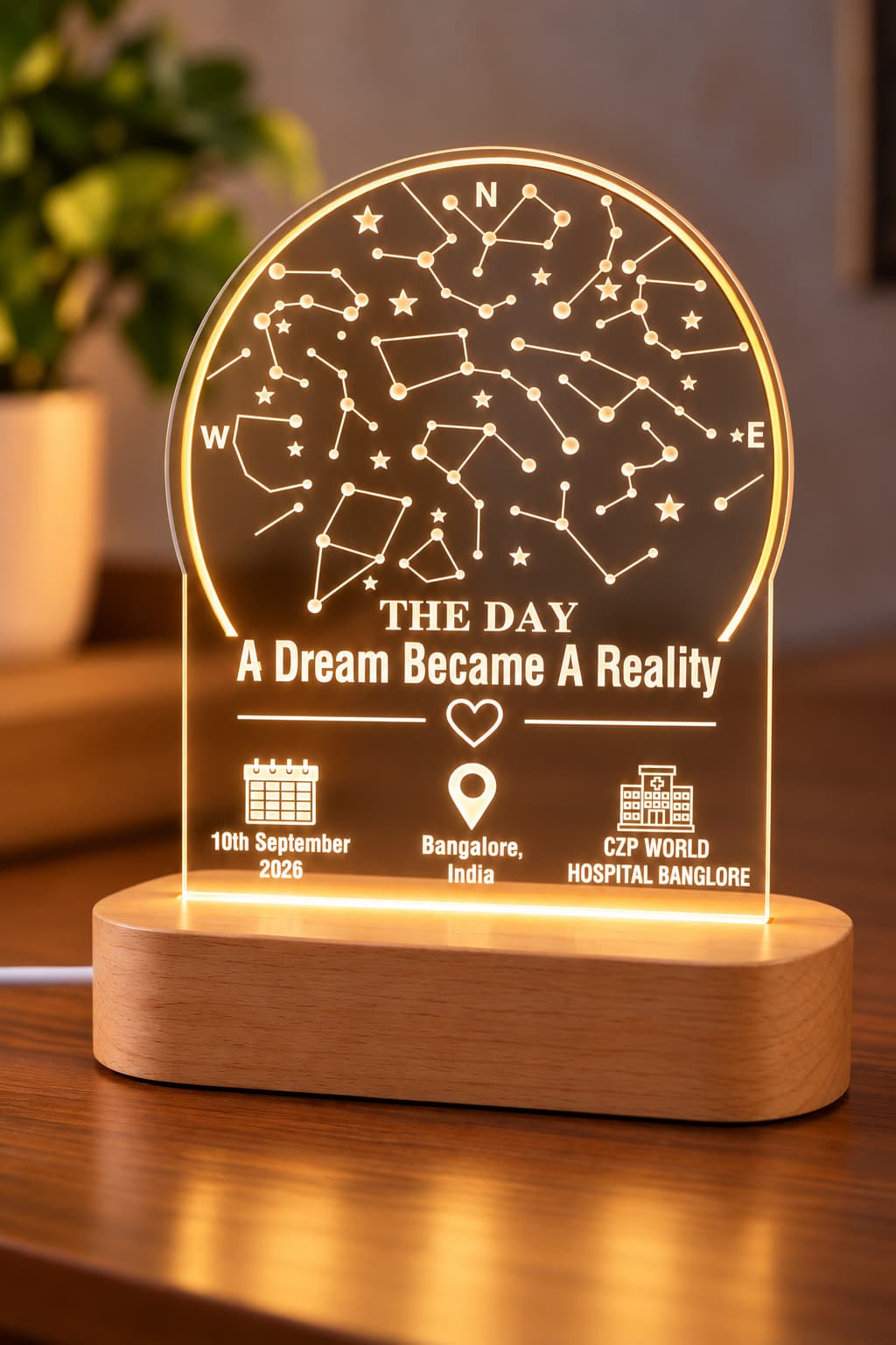 Hospital opening gift LED lamp with constellation design, hospital name and opening date engraved on acrylic, wooden base